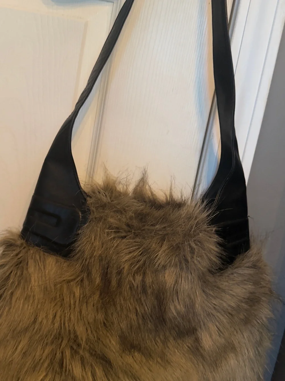 Faux Fur DKNY Shoulder Bag in Brown with Black Leather Strap